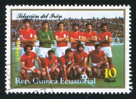 EQUATORIAL GUINEA - CIRCA 1979:  stamp printed by Equatorial Guinea, shows soccer, circa 1979.のeditorial素材