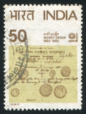 INDIA - CIRCA 1980: stamp printed by India, shows Money Order Centenary, circa 1980のeditorial素材