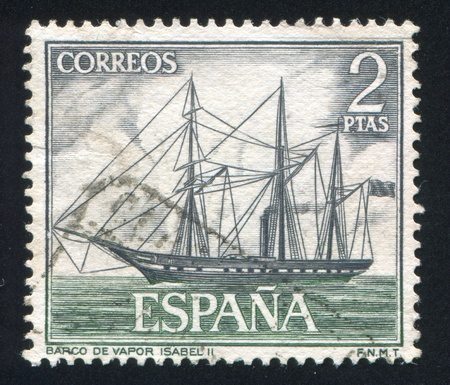 SPAIN - CIRCA 1964: stamp printed by Spain, shows Steamer, Isabel II, circa 1964のeditorial素材