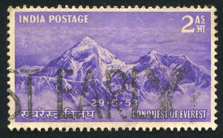 INDIA - CIRCA 1953: stamp printed by India, shows Mt. Everest, circa 1953のeditorial素材