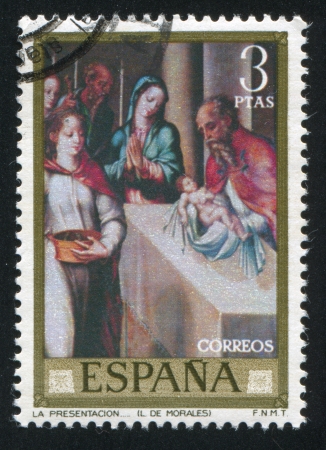 SPAIN - CIRCA 1962: stamp printed by Spain, shows Presentation, circa 1962のeditorial素材