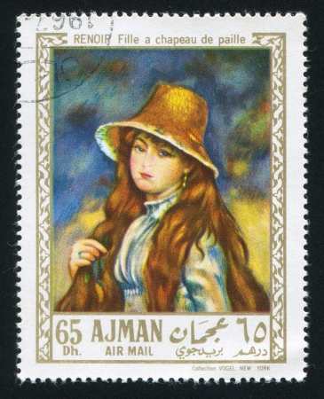 AJMAN - CIRCA 1976: stamp printed by Ajman, shows Girl in a Straw Hat by Renoir, circa 1976のeditorial素材