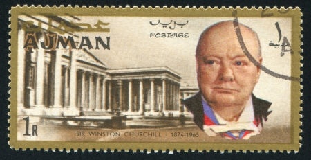 AJMAN - CIRCA 1976: stamp printed by Ajman, shows Winston Churchill and Parliament, circa 1976のeditorial素材