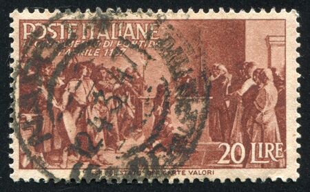 ITALY - CIRCA 1946: stamp printed by Italy, shows Oath of Pontida, circa 1946のeditorial素材