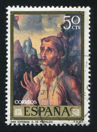 SPAIN - CIRCA 1969: stamp printed by Spain, shows Saint Stephen (Luis de Morales), circa 1969のeditorial素材