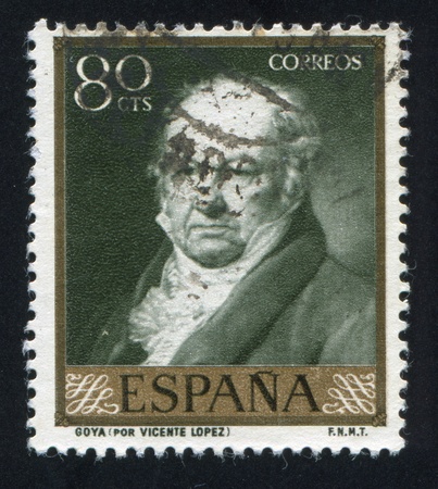 SPAIN - CIRCA 1958: stamp printed by Spain, shows painting of Goya by Vicente Lopez, circa 1958のeditorial素材
