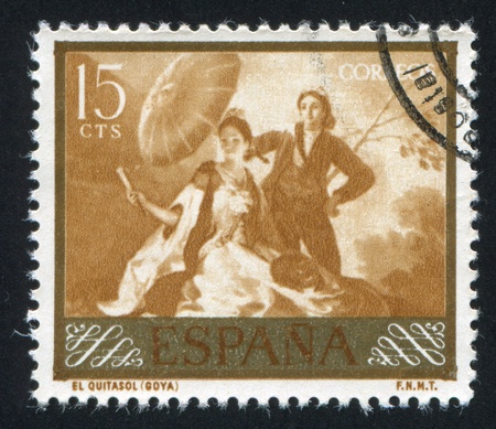 SPAIN - CIRCA 1958: stamp printed by Spain, shows Parasol by Goya, circa 1958のeditorial素材