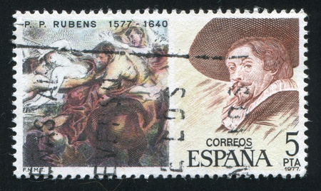 SPAIN - CIRCA 1977: stamp printed by Spain, shows Painting of Rape of Sabine Women and Rubens portrait, circa 1977のeditorial素材