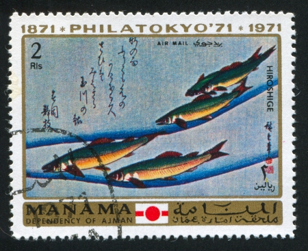 MANAMA - CIRCA 1971: stamp printed by Manama, shows Fish by Hiroshige, circa 1971のeditorial素材
