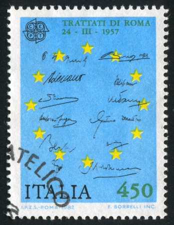 ITALY - CIRCA 1982: stamp printed by Italy, shows European Union, circa 1982のeditorial素材