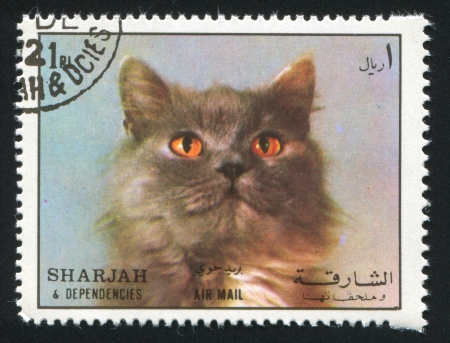 SHARJAH AND DEPENDENCIES - CIRCA 1972: stamp printed by Sharjah and Dependencies, shows a Persian Cat, circa 1972のeditorial素材