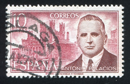 SPAIN - CIRCA 1975: stamp printed by Spain, shows Antonio Palacios and Casa Guell, circa 1975のeditorial素材