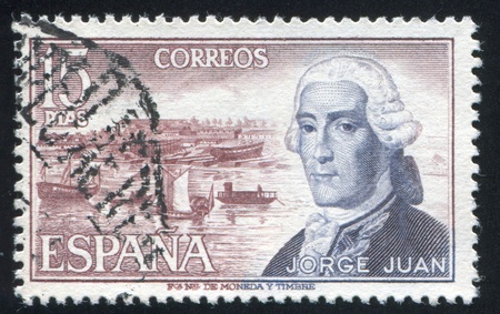 SPAIN - CIRCA 1974 : stamp printed by Spain, shows Jorge Juan y Santacilla, circa 1974のeditorial素材