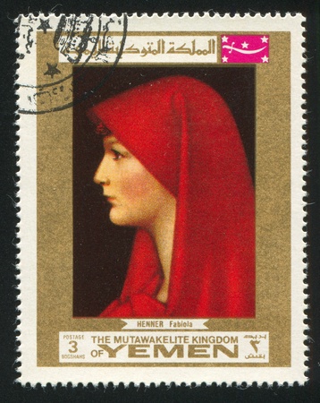 YEMEN - CIRCA 1972: stamp printed by Yemen, shows Portrait of Fabiola by Jean Jacques Henner, circa 1972のeditorial素材