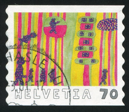 SWITZERLAND - CIRCA 2000: stamp printed by Switzerland, shows A perfect world by Sandra Dobler, circa 2000のeditorial素材