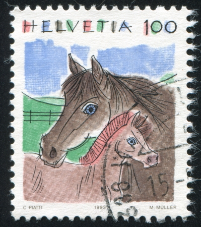 SWITZERLAND - CIRCA 1993: stamp printed by Switzerland, shows Horses, Animals, circa 1993のeditorial素材