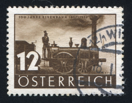 AUSTRIA - CIRCA 1937: stamp printed by Austria, shows First Locomotive âAustriaâ, circa 1937のeditorial素材