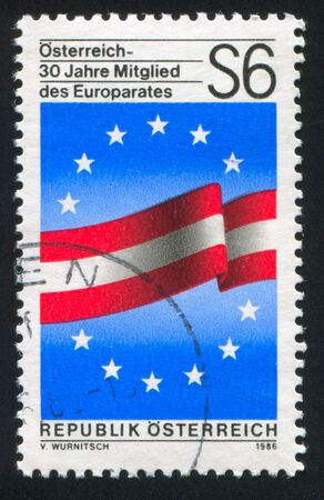 AUSTRIA - CIRCA 1986: stamp printed by Austria, shows flag, circa 1986のeditorial素材