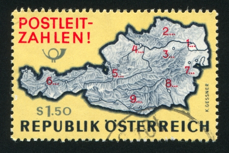 AUSTRIA - CIRCA 1966: stamp printed by Austria, shows Map of Austria with postal zone numbers, circa 1966のeditorial素材
