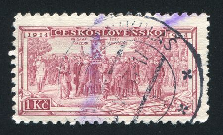 CZECHOSLOVAKIA - CIRCA 1934: stamp printed by Czechoslovakia, shows Consecration of Legion Colors at Kiev, circa 1934のeditorial素材