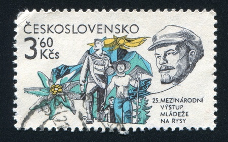 CZECHOSLOVAKIA - CIRCA 1981: stamp printed by Czechoslovakia, shows Lenin, youth, flower, circa 1981のeditorial素材