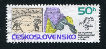 CZECHOSLOVAKIA - CIRCA 1987: stamp printed by Czechoslovakia, shows Geographical measurement from A.M. Mallettaâs book, 1672, earth fold and Brownian motion diagrams, circa 1987のeditorial素材