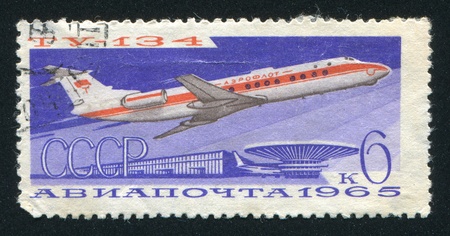 RUSSIA - CIRCA 1965: stamp printed by Russia, shows Tupolev 134 at Sheremetyevo Airport, Moscow,...