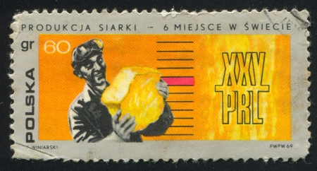 POLAND - CIRCA 1969: stamp printed by Poland, shows Chemical industry (sulphur) worker, circa 1969