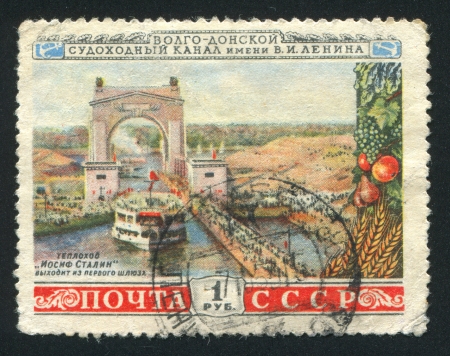 RUSSIA - CIRCA 1953: stamp printed by Russia, shows M. S. âJoseph Stalinâ in canal, circa 1953のeditorial素材