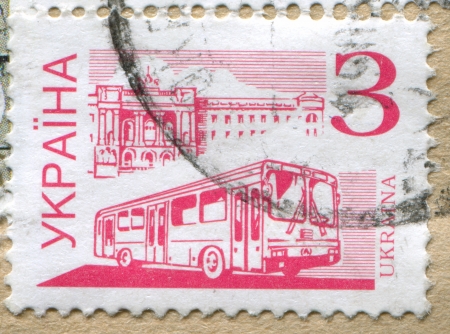 UKRAINE - CIRCA 1995: stamp printed by Ukraine, shows City Bus, circa 1995のeditorial素材