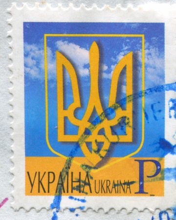 UKRAINE - CIRCA 2006: stamp printed by Ukraine, shows Coat of arms, circa 2006のeditorial素材