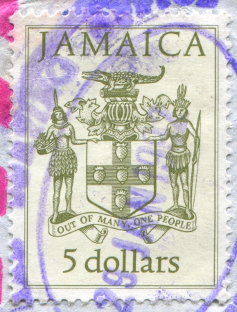 JAMAICA - CIRCA 1987: stamp printed by Jamaica, shows National Coat Arms, circa 1987のeditorial素材