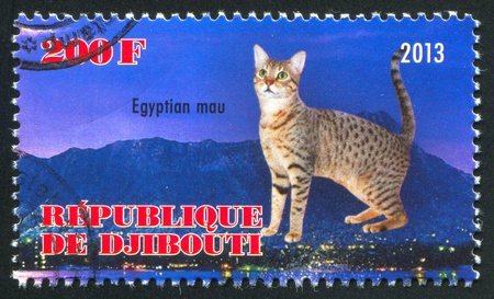 DJIBOUTI - CIRCA 2013: stamp printed by Djibouti, shows egyptian mau cat, circa 2013のeditorial素材