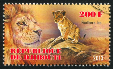 DJIBOUTI - CIRCA 2013: stamp printed by Djibouti, shows lion, circa 2013のeditorial素材