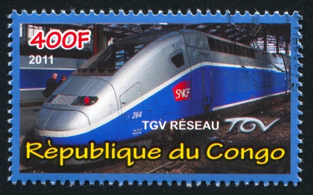 CONGO - CIRCA 2011: stamp printed by Congo, shows modern train, circa 2011のeditorial素材