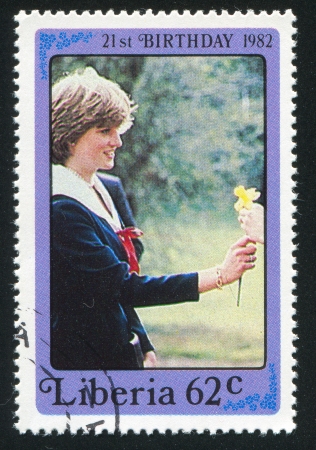LIBERIA - CIRCA 1982: stamp printed by Liberia, shows Princess Diana, circa 1982のeditorial素材