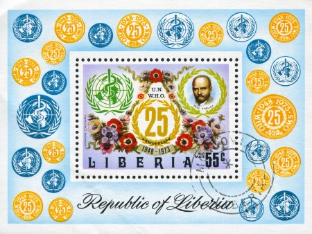 LIBERIA - CIRCA 1973: stamp printed by Liberia, shows WHO Emblem, Paul Ehrlich and poppy anemones, circa 1973のeditorial素材