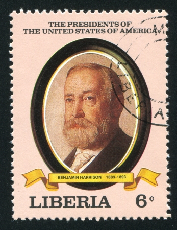 LIBERIA - CIRCA 1982: stamp printed by Liberia, shows President of the United States Benjamin Harrison, circa 1982のeditorial素材