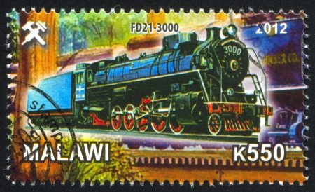 Malawi - CIRCA 2012: stamp printed by Malawi, shows Steam locomotive, circa 2012のeditorial素材