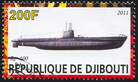 DJIBOUTI - CIRCA 2011: stamp printed by Djibouti, shows submarine, circa 2011のeditorial素材