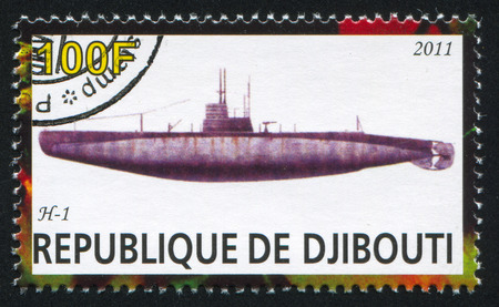 DJIBOUTI - CIRCA 2011: stamp printed by Djibouti, shows submarine, circa 2011のeditorial素材