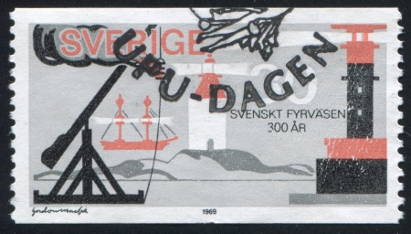 SWEDEN - CIRCA 1969: stamp printed by Sweden, shows Lever Light, Lightship, Landsort and Svenska Lighthouses, circa 1969のeditorial素材