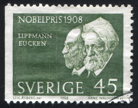 SWEDEN - CIRCA 1968: stamp printed by Sweden, shows Gabriel Lippmann, Rudolf Eucken, circa 1968のeditorial素材