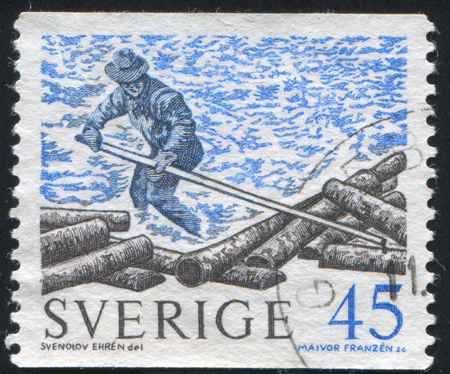 SWEDEN - CIRCA 1967: stamp printed by Sweden, shows Log roller, circa 1967のeditorial素材
