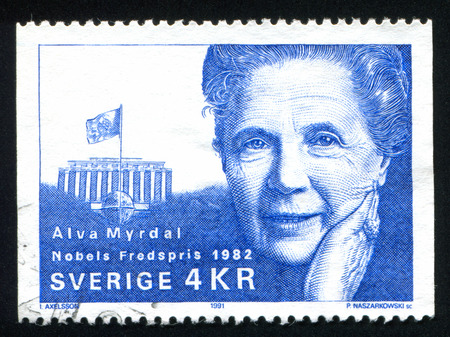 SWEDEN - CIRCA 1991: stamp printed by Sweden, shows Alva Myrdal, circa 1991のeditorial素材
