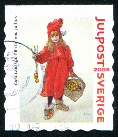 SWEDEN - CIRCA 2003: stamp printed by Sweden, shows Girl in red coat with basket by Carl Larsson, circa 2003のeditorial素材