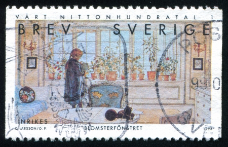 SWEDEN - CIRCA 1998: stamp printed by Sweden, shows Flowers on the Window Sill by Carl Larsson, circa 1998のeditorial素材