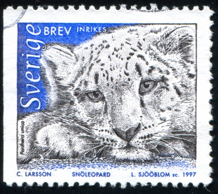 SWEDEN - CIRCA 1997: stamp printed by Sweden, shows Snow leopard, adult, circa 1997のeditorial素材