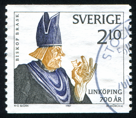 SWEDEN - CIRCA 1987: stamp printed by Sweden, shows Hans Brask, Bishop of Linkoping, circa 1987のeditorial素材