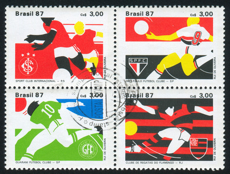 BRAZIL - CIRCA 1987: stamp printed by Brazil, shows soccer, circa 1987のeditorial素材